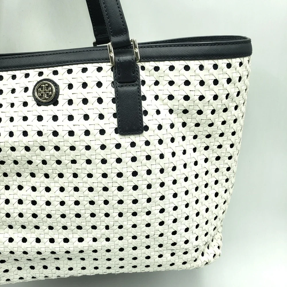 Tory Burch Robinson Basket Weave Tote Bag Woven Leather Cream Navy Blue Purse